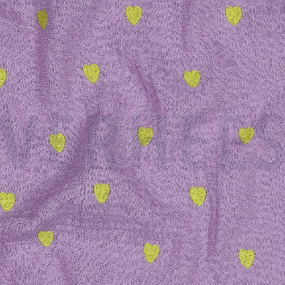 DOUBLE GAUZE EMBROIDERY NEON HEARTS LAVENDER #7
