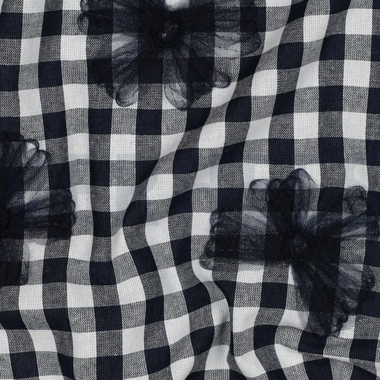 BAUMWOLLE GARNGEFÄRBT KAROS TÜLL BLUMEN MARINEBLAU #7