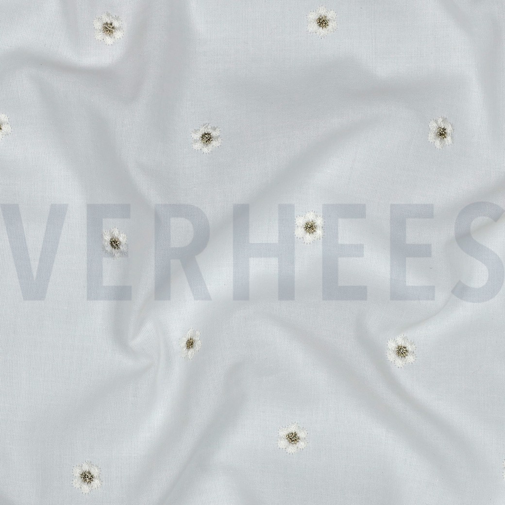 BAUMWOLLE VOILE STICKEREI LUREX BLUMEN WEISS #7