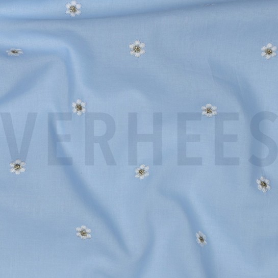 BAUMWOLLE VOILE STICKEREI LUREX BLUMEN HELLBLAU #7