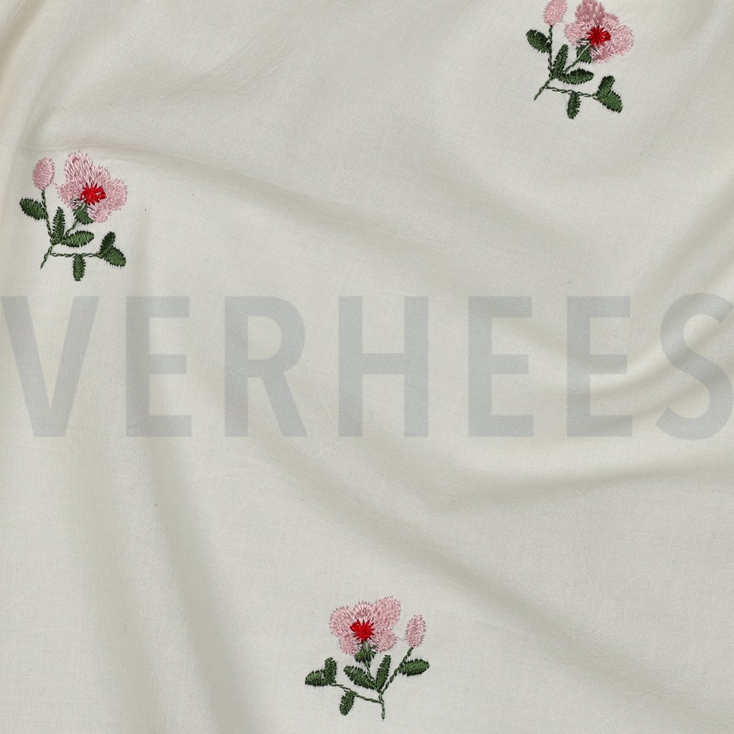 BAUMWOLLE VOILE KRINKEL STICKEREI BLUMEN GEBROCHEN WEISS #7