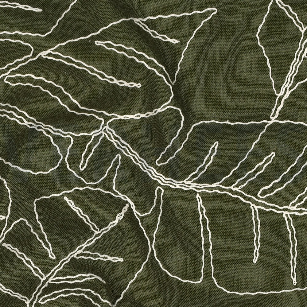 LINEN VISCOSE EMBROIDERY LEAVES FOREST GREEN #7