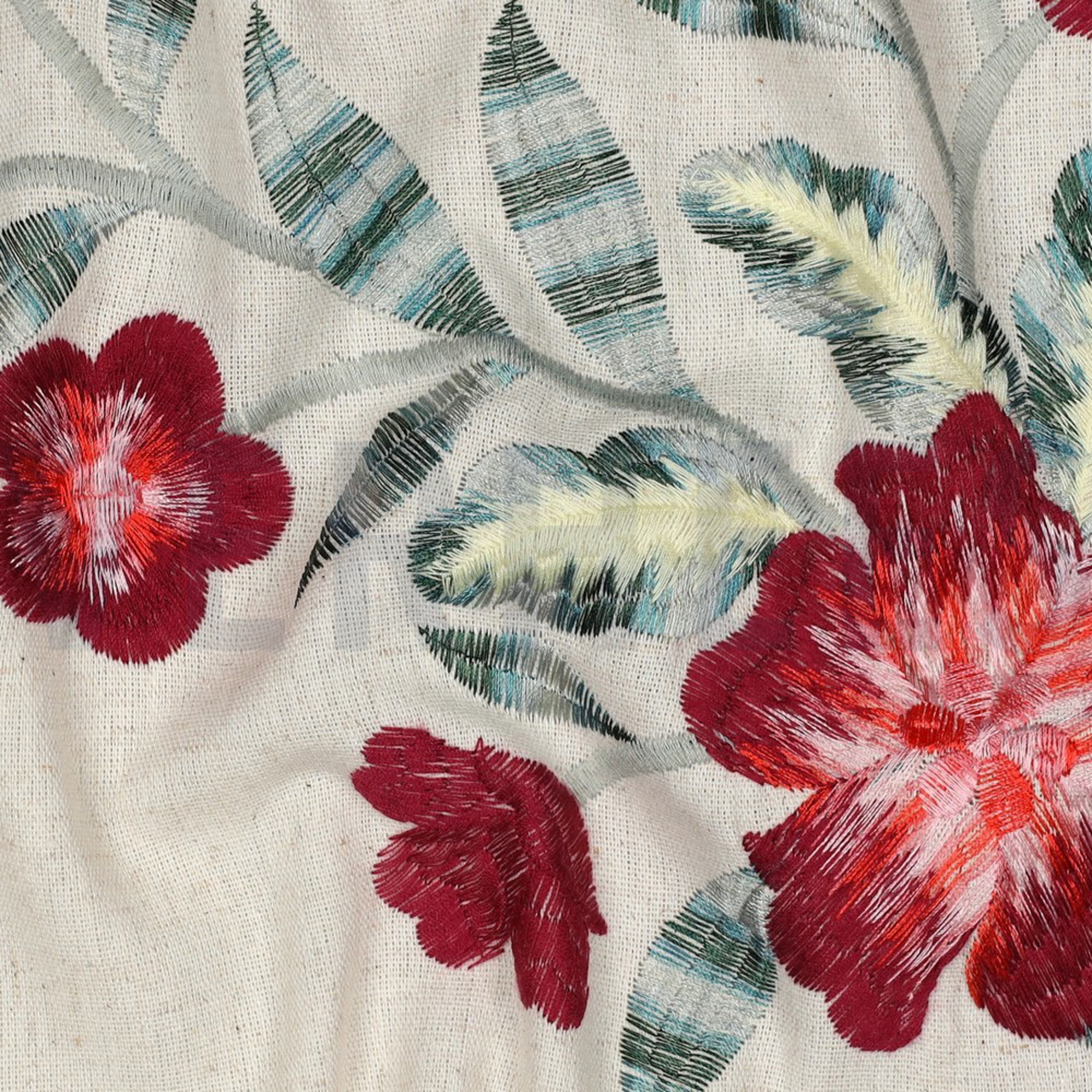 LINEN VISCOSE ONE-SIDE BORDER FLOWERS CERISE (high resolution) #2