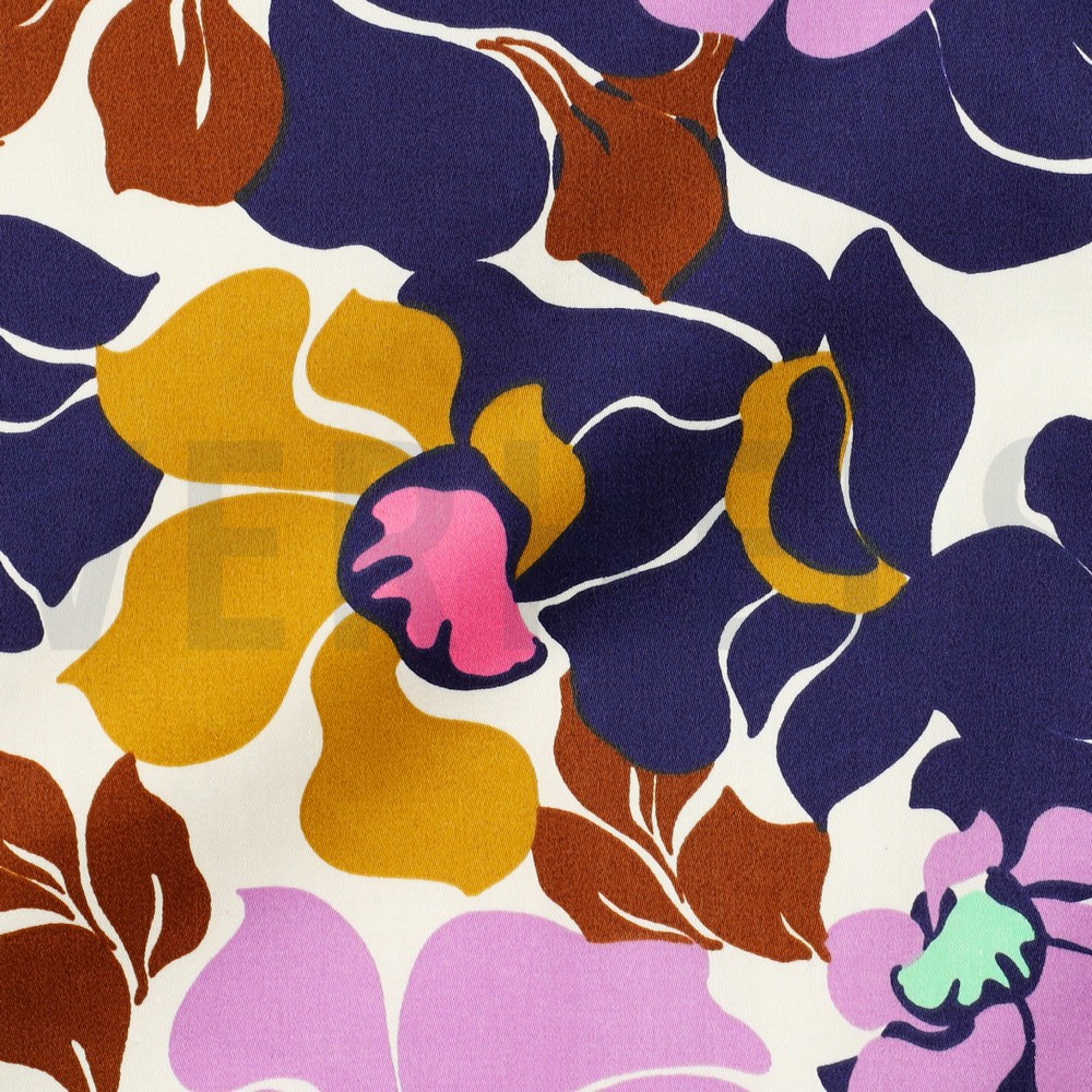 KATOEN SATIJN ABSTRACTE BLOEMEN DONKERBLAUW/ROZE #7