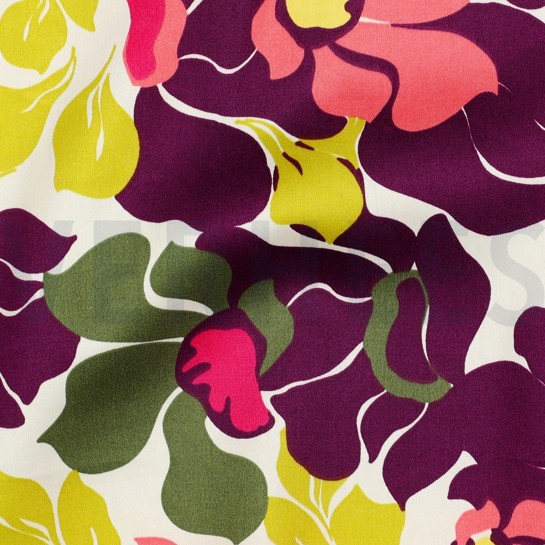 COTTON SATIN ABSTRACT FLOWERS DARK PURPLE/SALMON #7