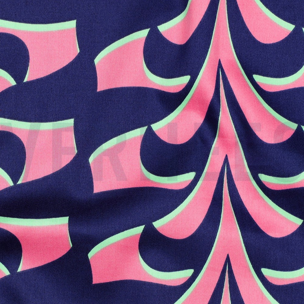 KATOEN SATIJN ABSTRACTE BLOEMEN MARINEBLAUW #7