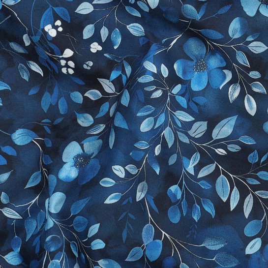 POPELINE DE COTON DIGITAL FEUILLES BLEU COBALT #7