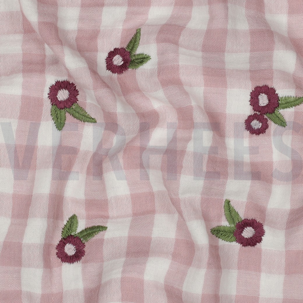 DOUBLE GAUZE CHECKS EMBROIDERY FLOWERS MAUVE #7