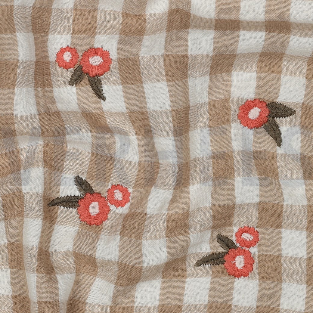 DOUBLE GAUZE CHECKS EMBROIDERY FLOWERS BEIGE #7
