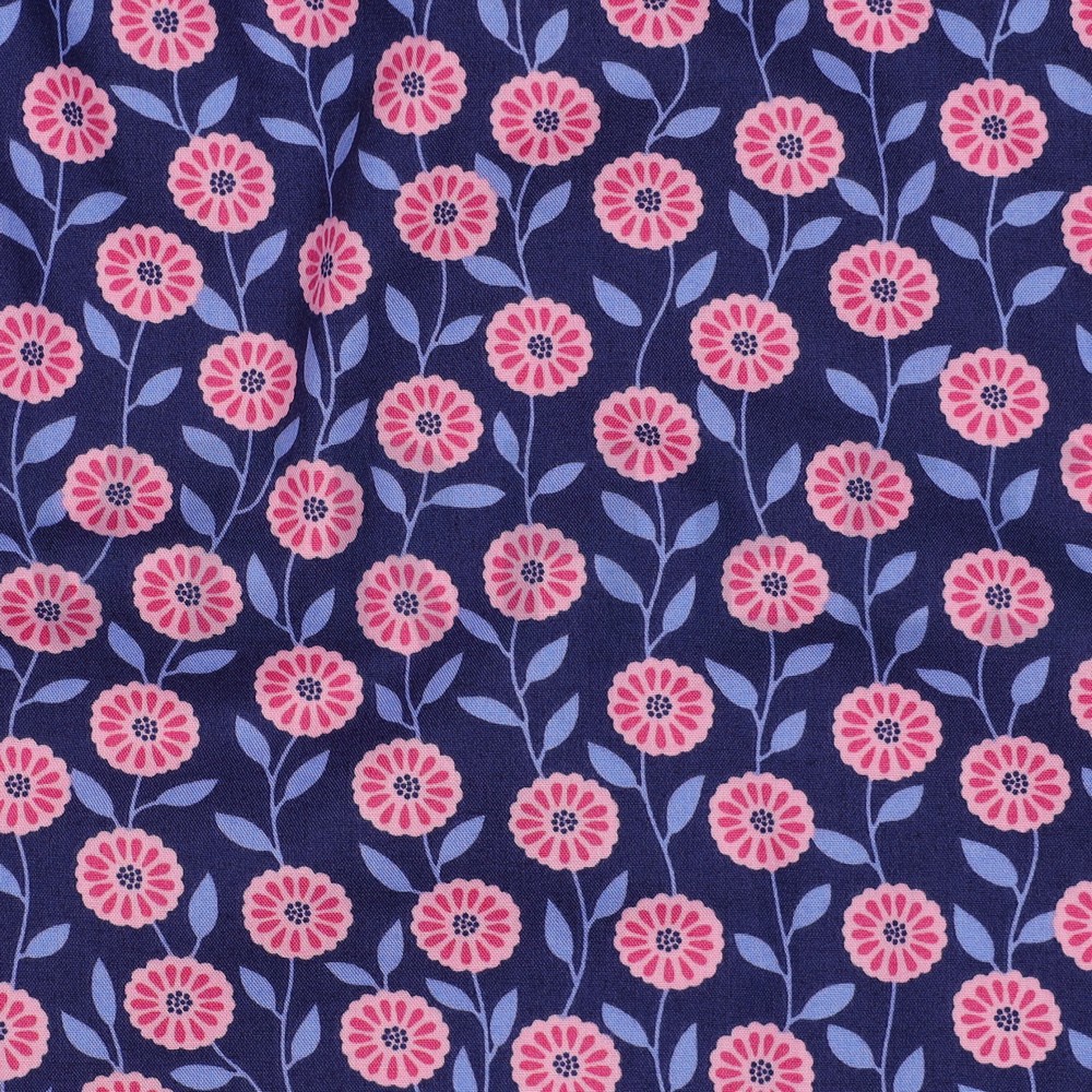 POPELINE DE COTON TISSAGE FIN FLEURS & CARREAUX BLEU MARINE #7