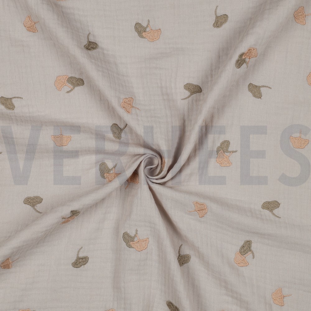 DOUBLE GAUZE EMBROIDERY BLADEREN LICHT ZAND #7