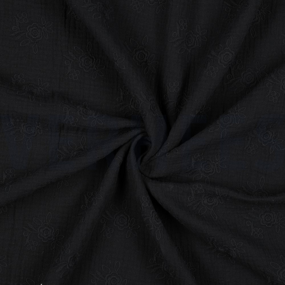 DOUBLE GAZE DE COTON BRODERIE FLEURS NOIR #7