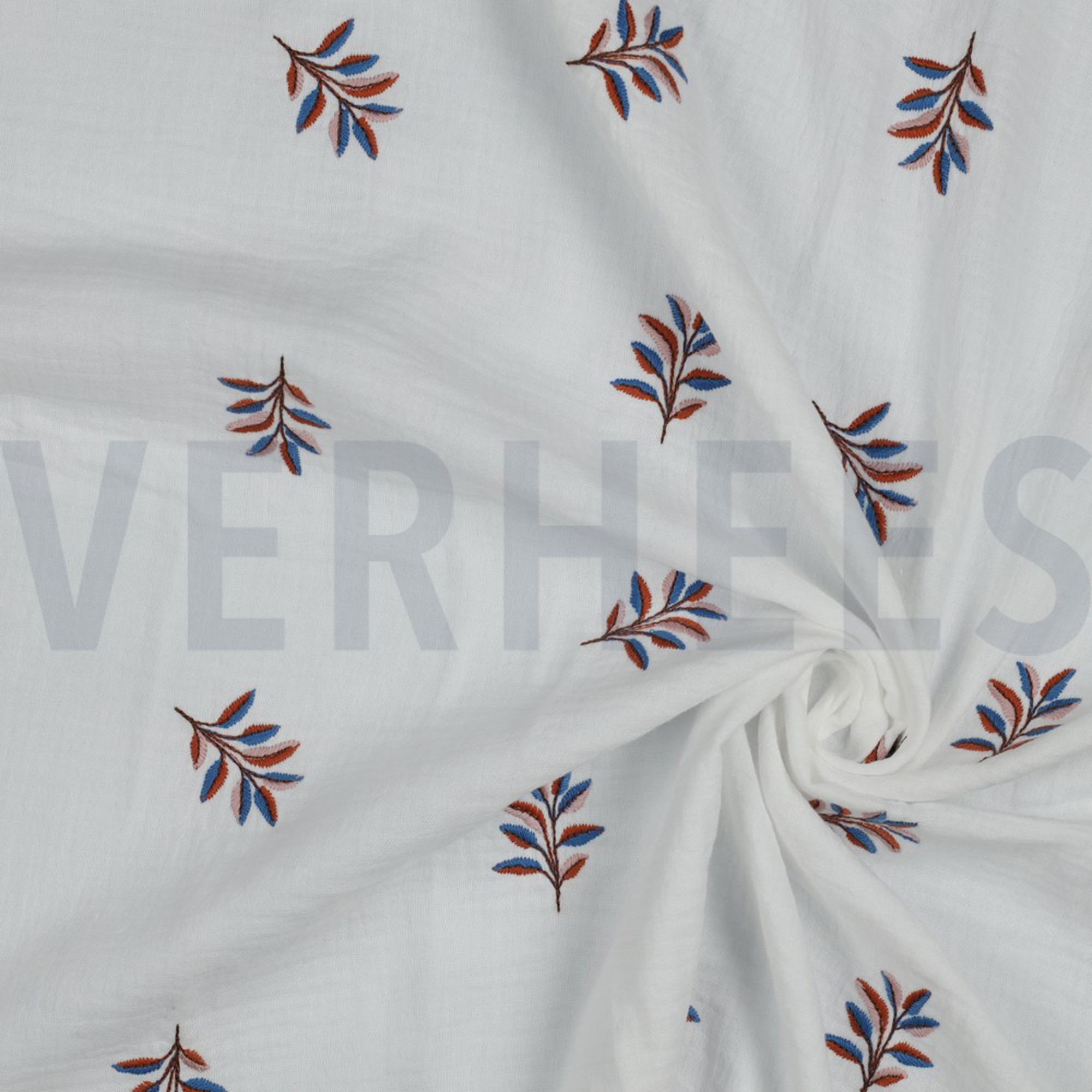 DOUBLE GAZE DE COTON BRODERIE FEUILLES BLANC (high resolution) #2