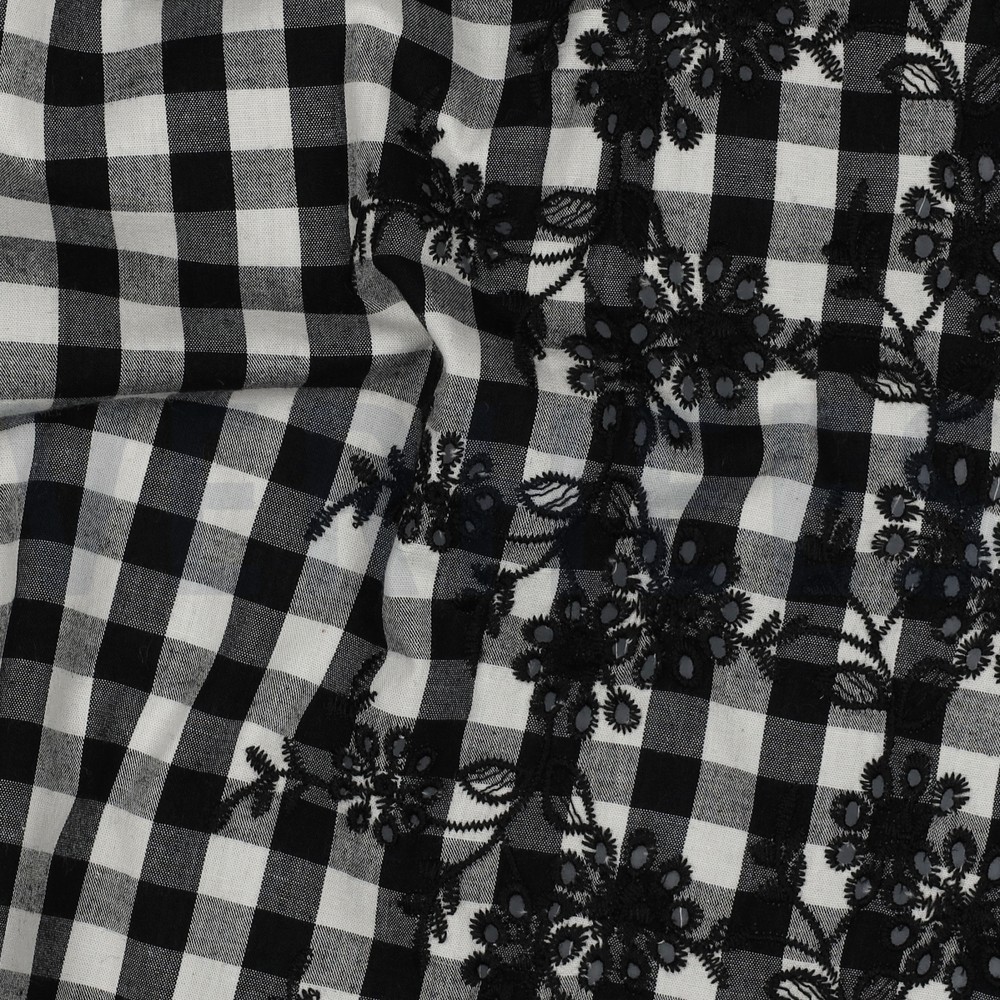 COTTON CHECKS ONE-SIDE BORDER ONE-SIDE SCALLOP BLACK/WHITE #7