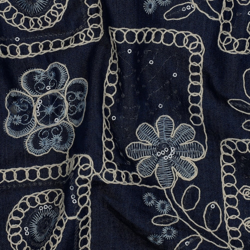 DENIM BRODERIE FLEURS PAILLETTES BLEU FONCÉ #7