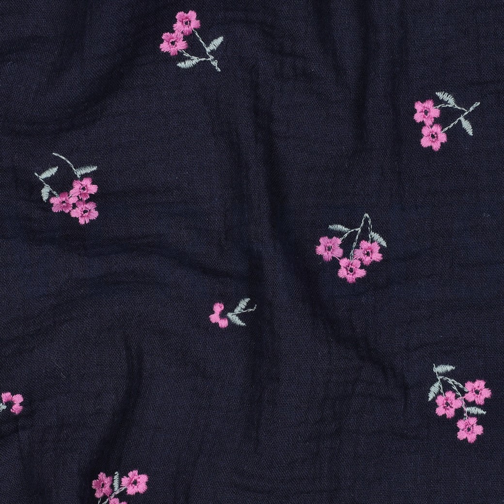 DOUBLE GAZE DE COTON BRODERIE FLEURS BLEU MARINE #7