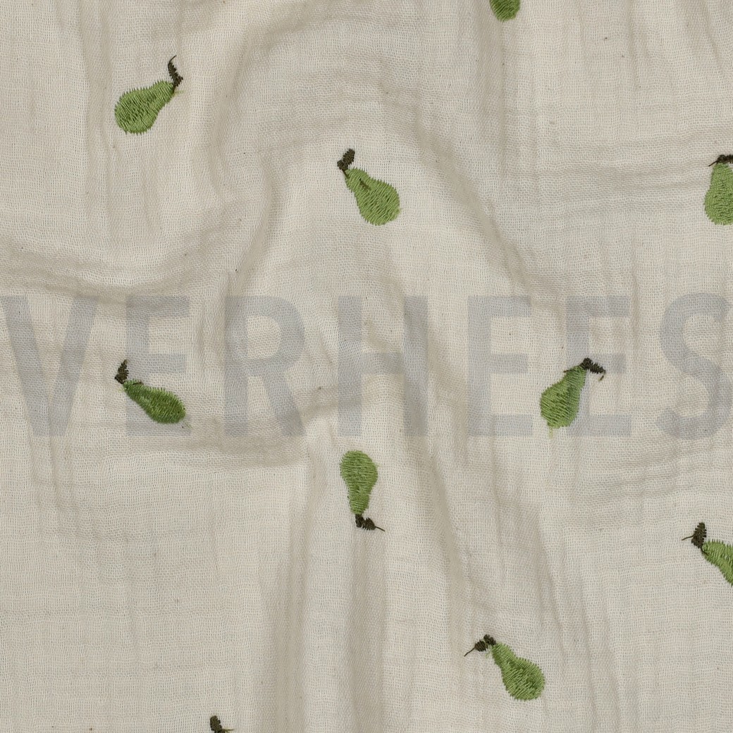 DOUBLE GAZE DE COTON NATUREL BRODERIE FRUITS NATUREL/VERT #7