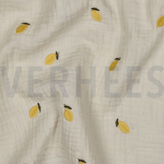 MUSSELIN NATURAL STICKEREI FRÜCHTE NATUR/GELB #7