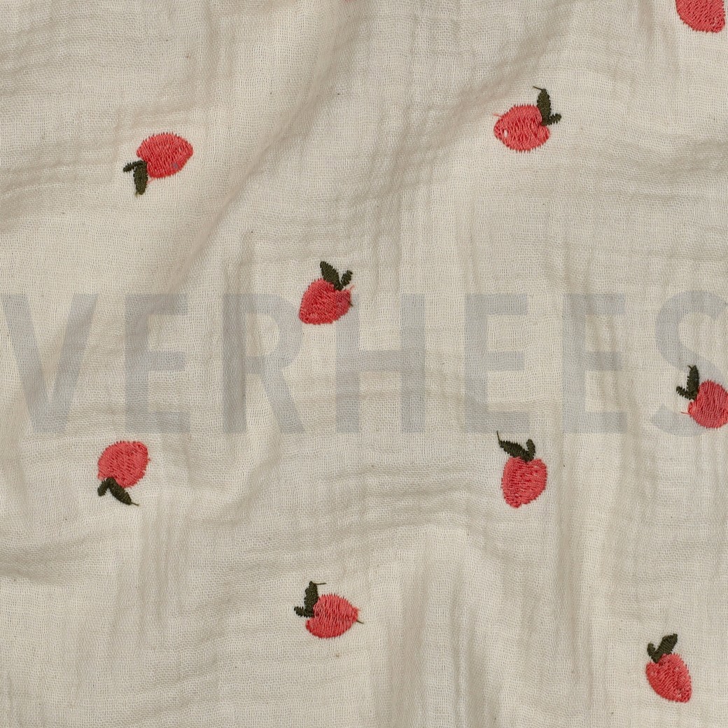 DOUBLE GAZE DE COTON NATUREL BRODERIE FRUITS NATUREL/PECHE #7