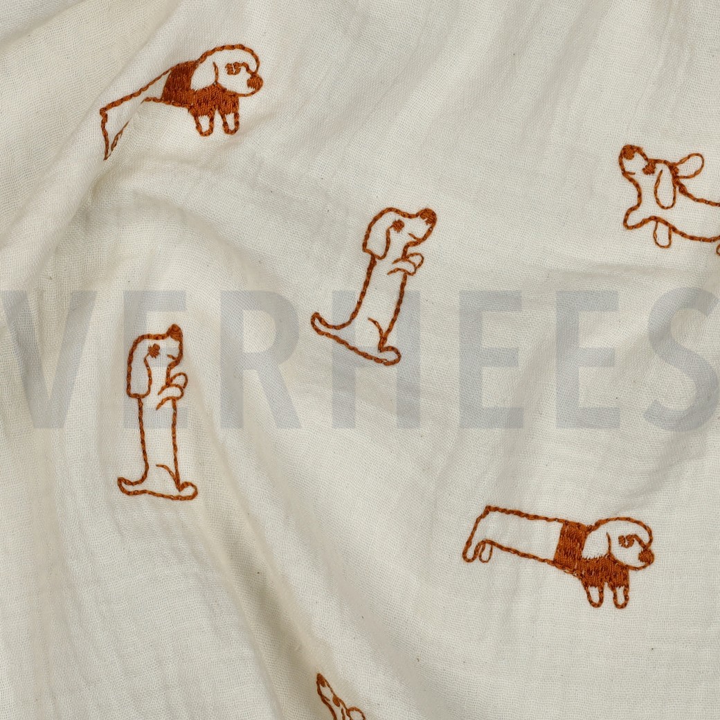 DOUBLE GAZE DE COTON BRODERIE CHIENS ÉCRU #7