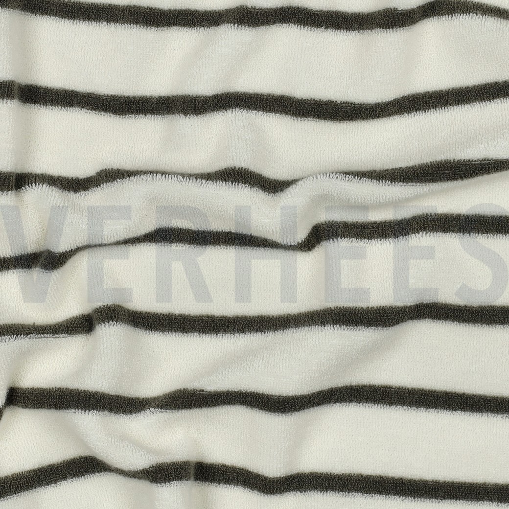COTTON TOWELLING YARN DYED STRIPES ECRU/ARMY GREEN #7
