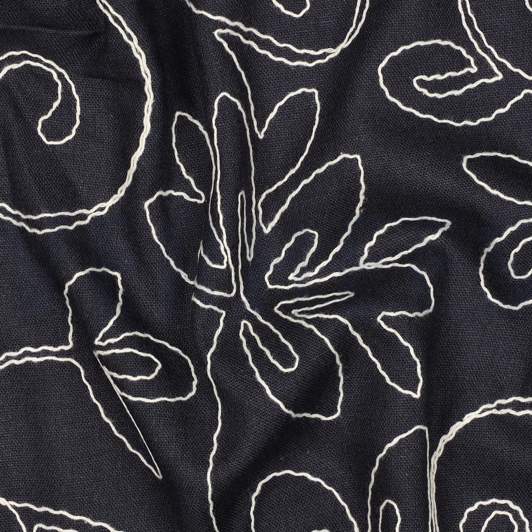 LINNEN VISCOSE EMBROIDERY BLOEMEN MARINEBLAUW #7