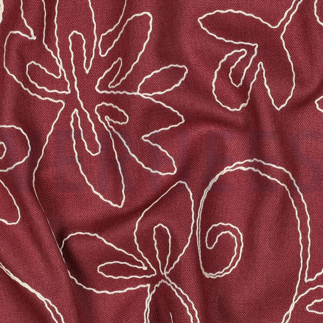 LINNEN VISCOSE EMBROIDERY BLOEMEN BORDEAUXROOD #7
