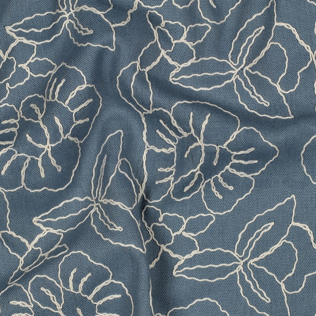 LINNEN VISCOSE EMBROIDERY BLOEMEN OUDBLAUW #7