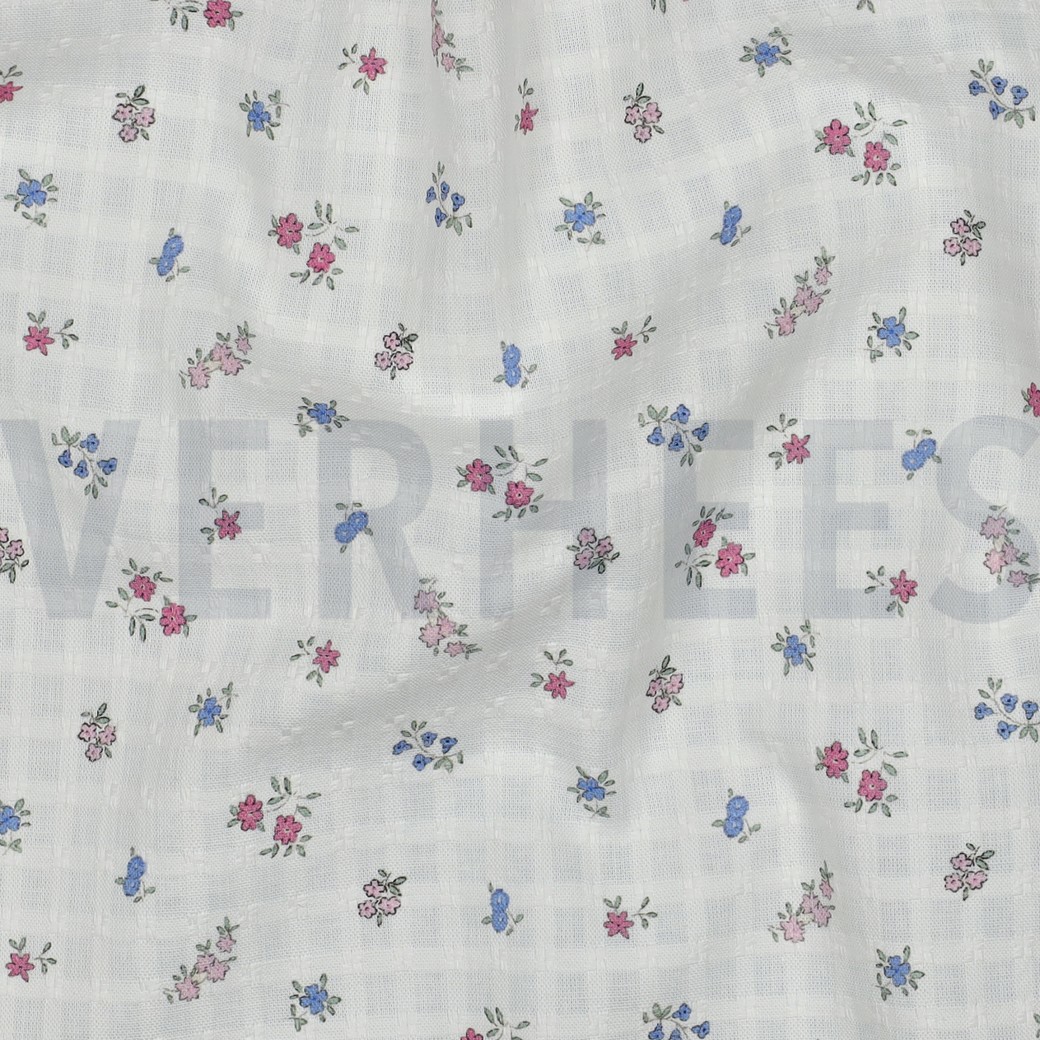 COTON DOBBY CARREAUX DIGITAL FLEURS BLANC #7