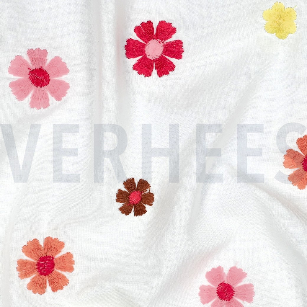 KATOENEN VOILE EMBROIDERY BLOEMEN WIT #7