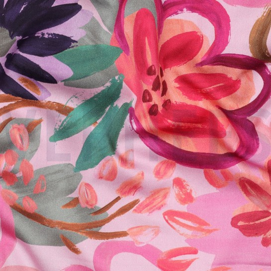 KATOEN SATIJN DIGITAAL BLOEMEN LICHTROZE #7