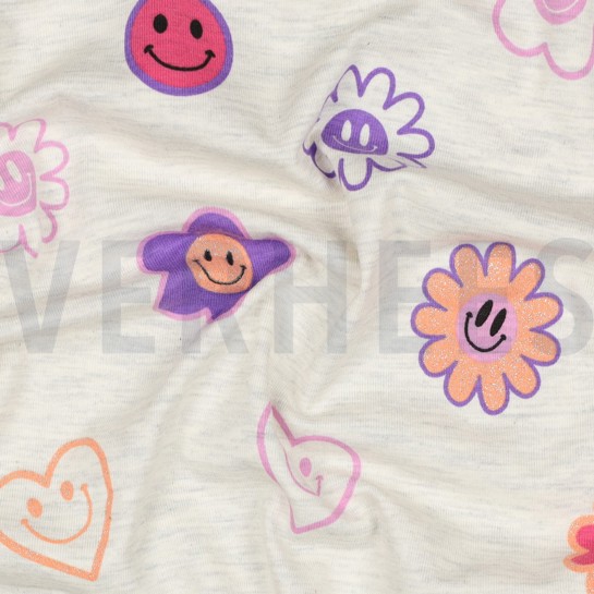 JERSEY GEMÊLEERD GLITTER SMILEYS ECRU #7