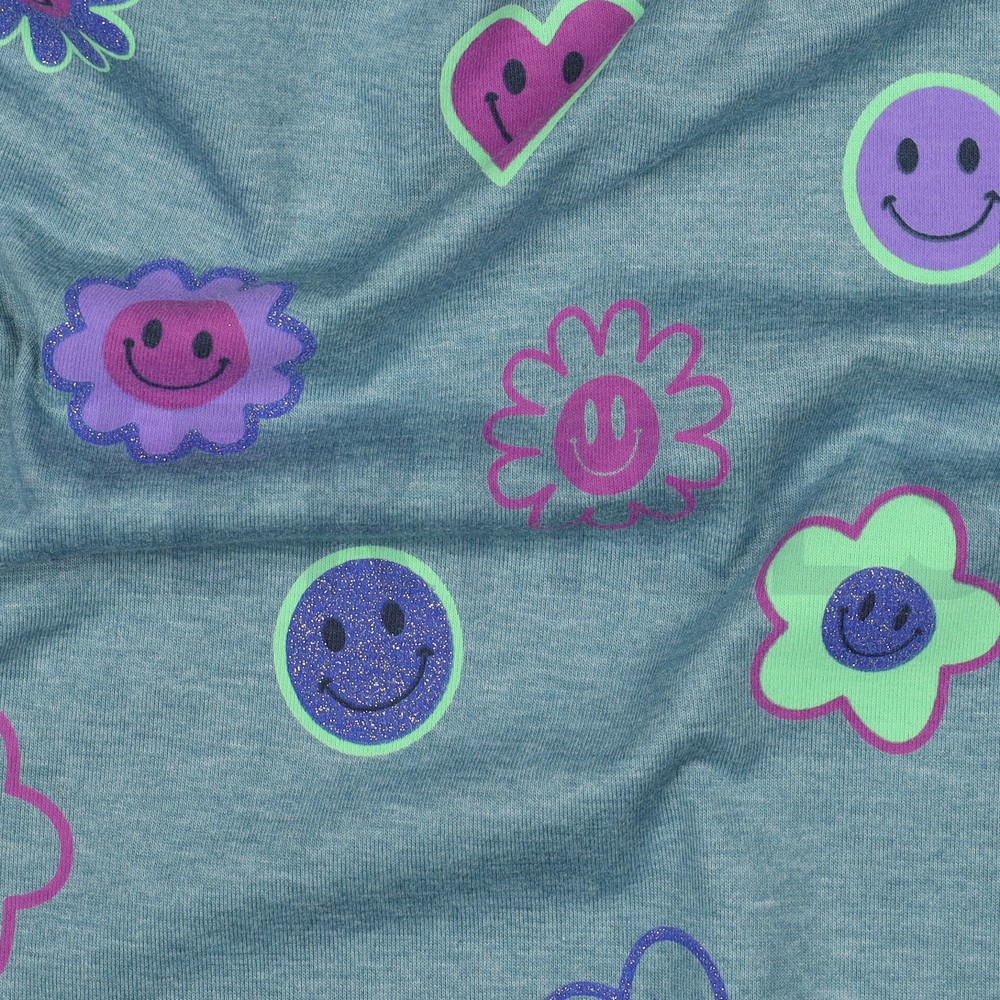 JERSEY MELANGE GLITTER HAPPY FACES SMOKE BLUE #7