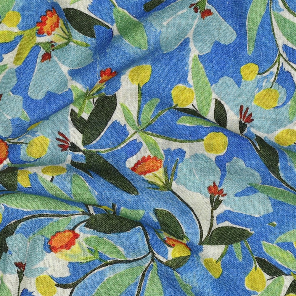 LIN VISCOSE CRÊPE DIGITAL FLEURS BLEU COBALT #7