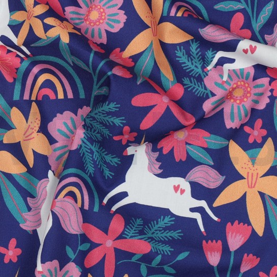 KATOENEN POPLIN BLOEMEN EN EENHOORNS KOBALTBLAUW #7