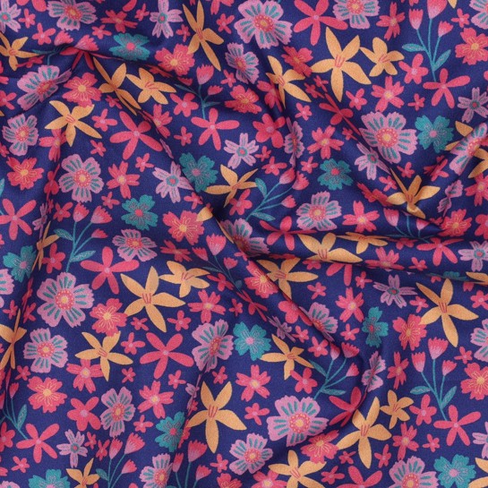 BAUMWOLLE POPELINE BLUMEN UND EINHÖRNER KOBALTBLAU #7
