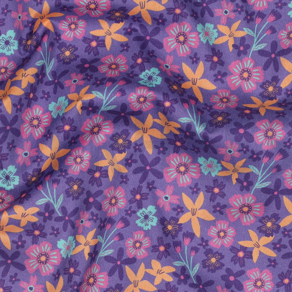 POPELINE DE COTON TISSAGE FIN FLEURS ET LICORNES LAVANDE #7