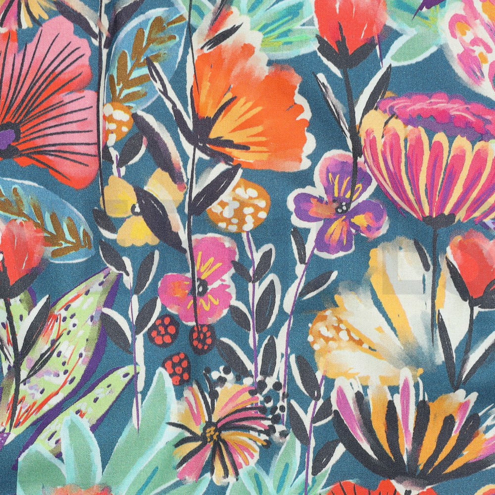 FEIN GEWEBTE BAUMWOLLPOPELINE DIGITAL BLUMEN PETROL #7