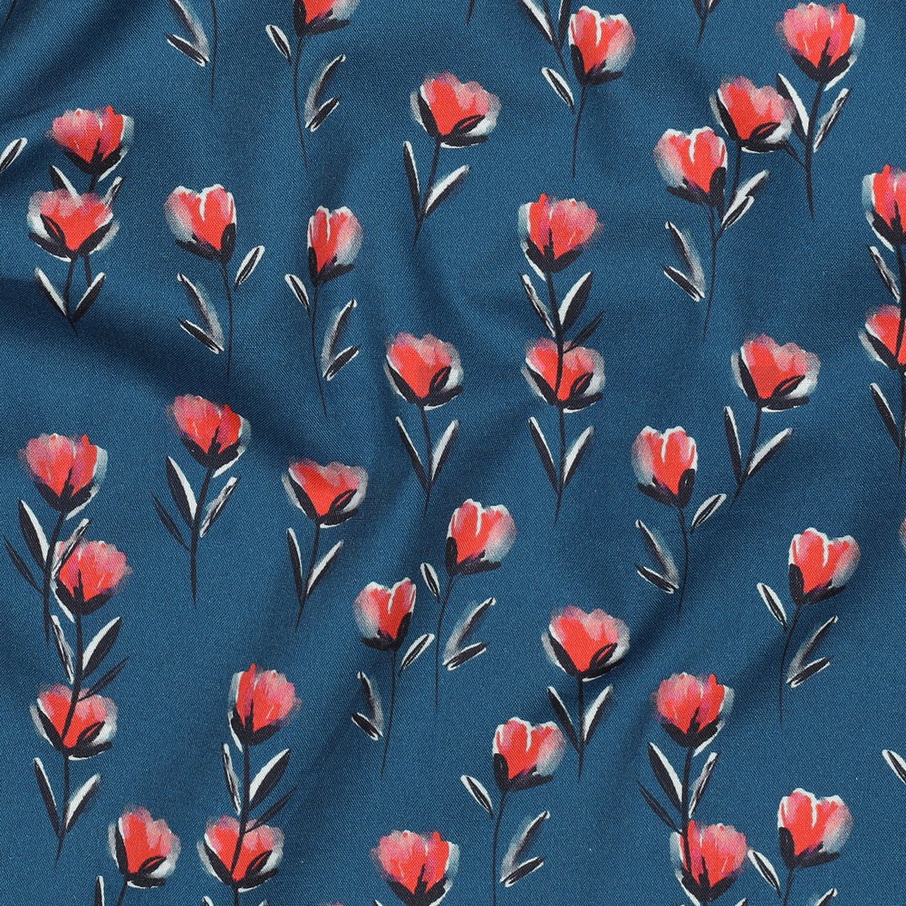 FINE POPLIN DIGITAL FLOWERS PETROL #7