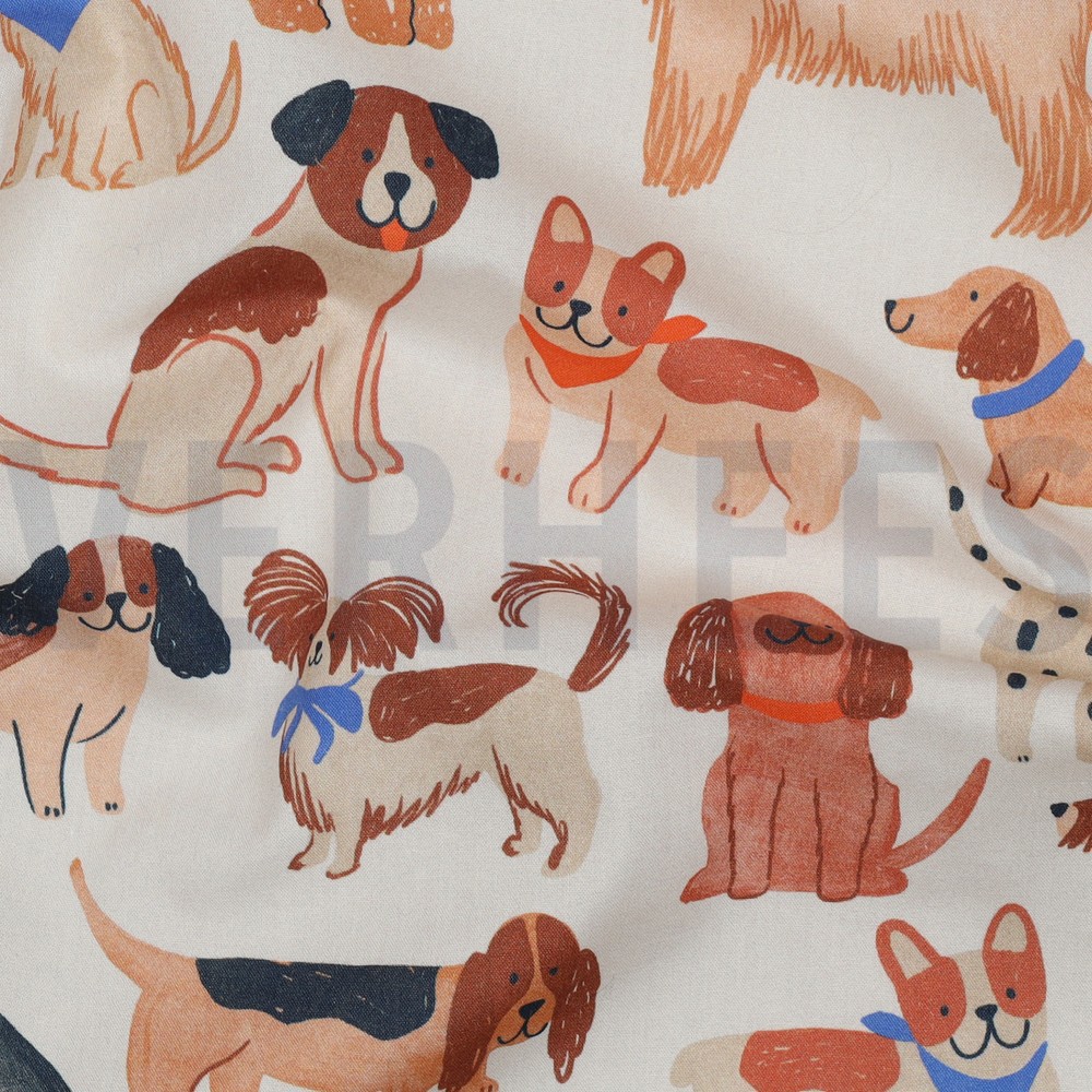 FIJNGEWEVEN KATOENEN POPLIN DIGITAAL HONDEN GEBROKEN WIT #7