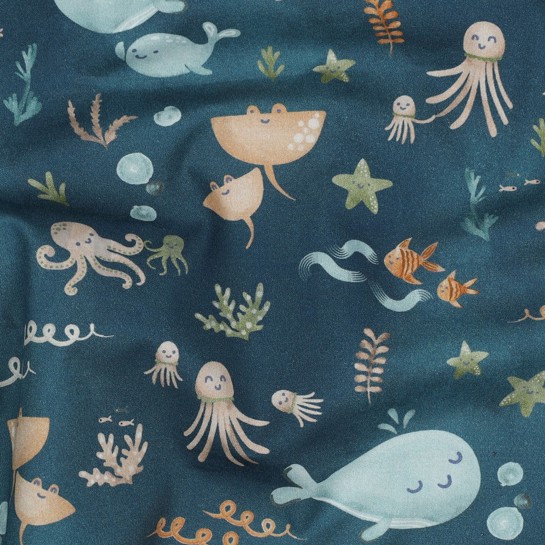 KATOENEN POPLIN DIGITAAL WALVISSEN PETROL #7