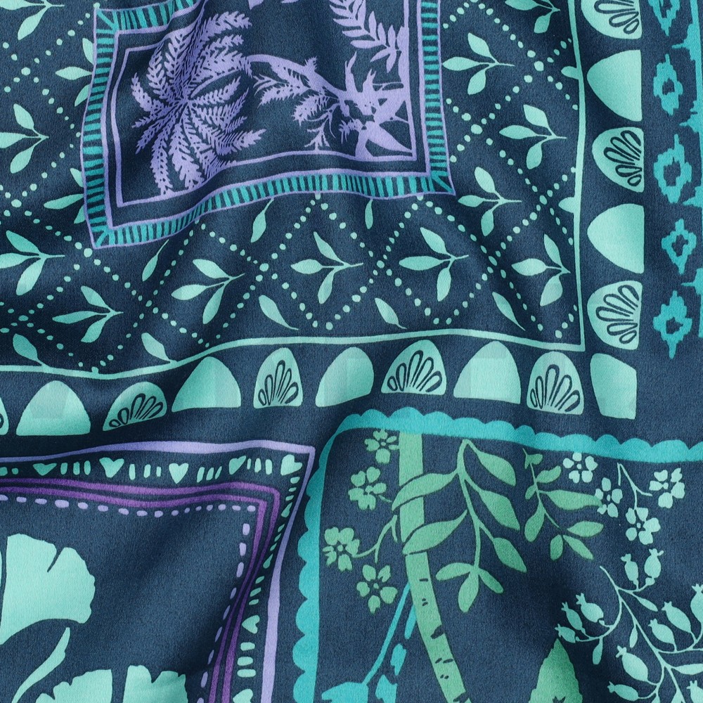 KATOEN SATIJN PATCHWORK BLOEMEN PETROL #7
