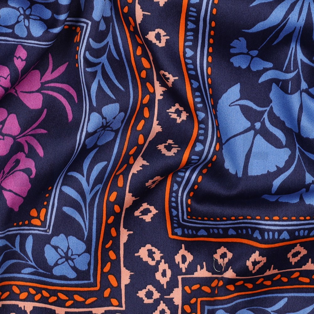 COTTON SATIN PATCHWORK FLOWERS NAVY #7