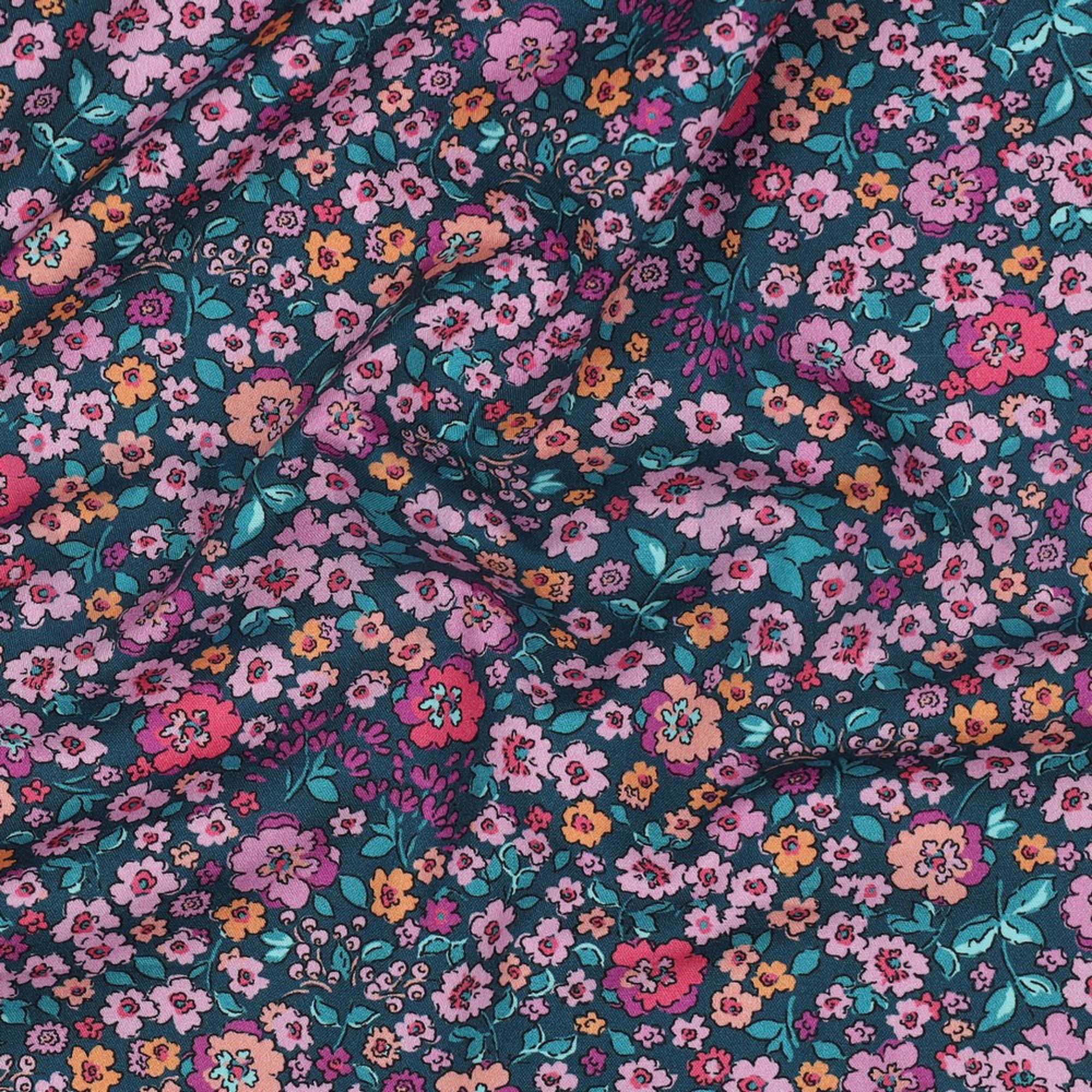 KATOENEN POPLIN DIGITAAL BLOEMEN DONKER PETROL (high resolution) #2