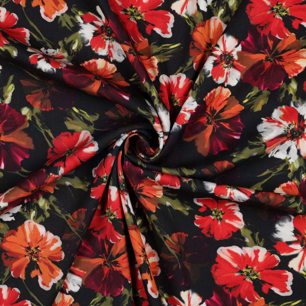 VISKOSE ROSELLA STRETCH DIGITAL BLUMEN SCHWARZ #7