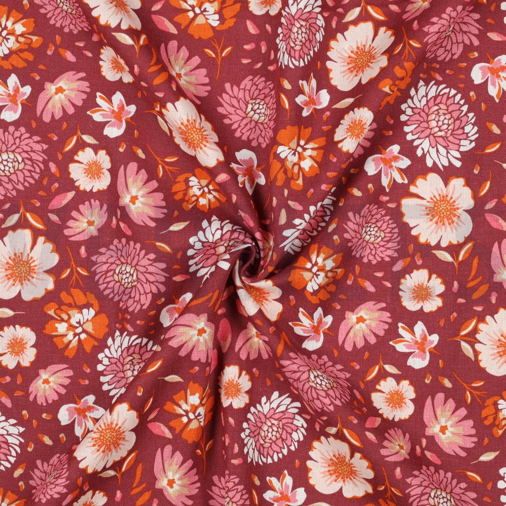 LINNEN VISCOSE GEWASSEN BLOEMEN DONKER KORAAL #7