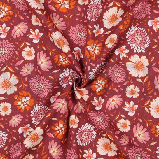LINEN VISCOSE WASHED FLOWERS DARK CORAL #7