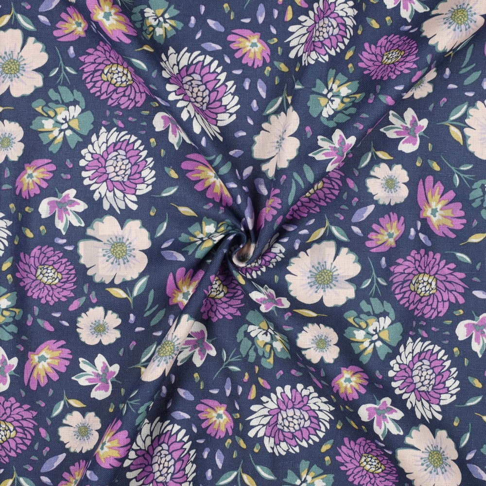 LINNEN VISCOSE GEWASSEN BLOEMEN MARINE #7