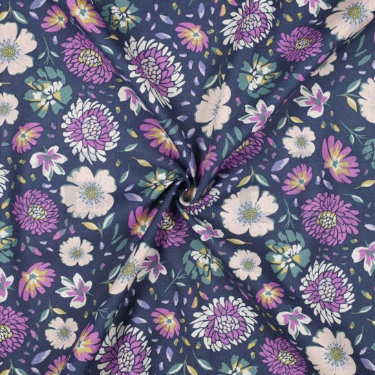 LINNEN VISCOSE GEWASSEN BLOEMEN MARINE #7