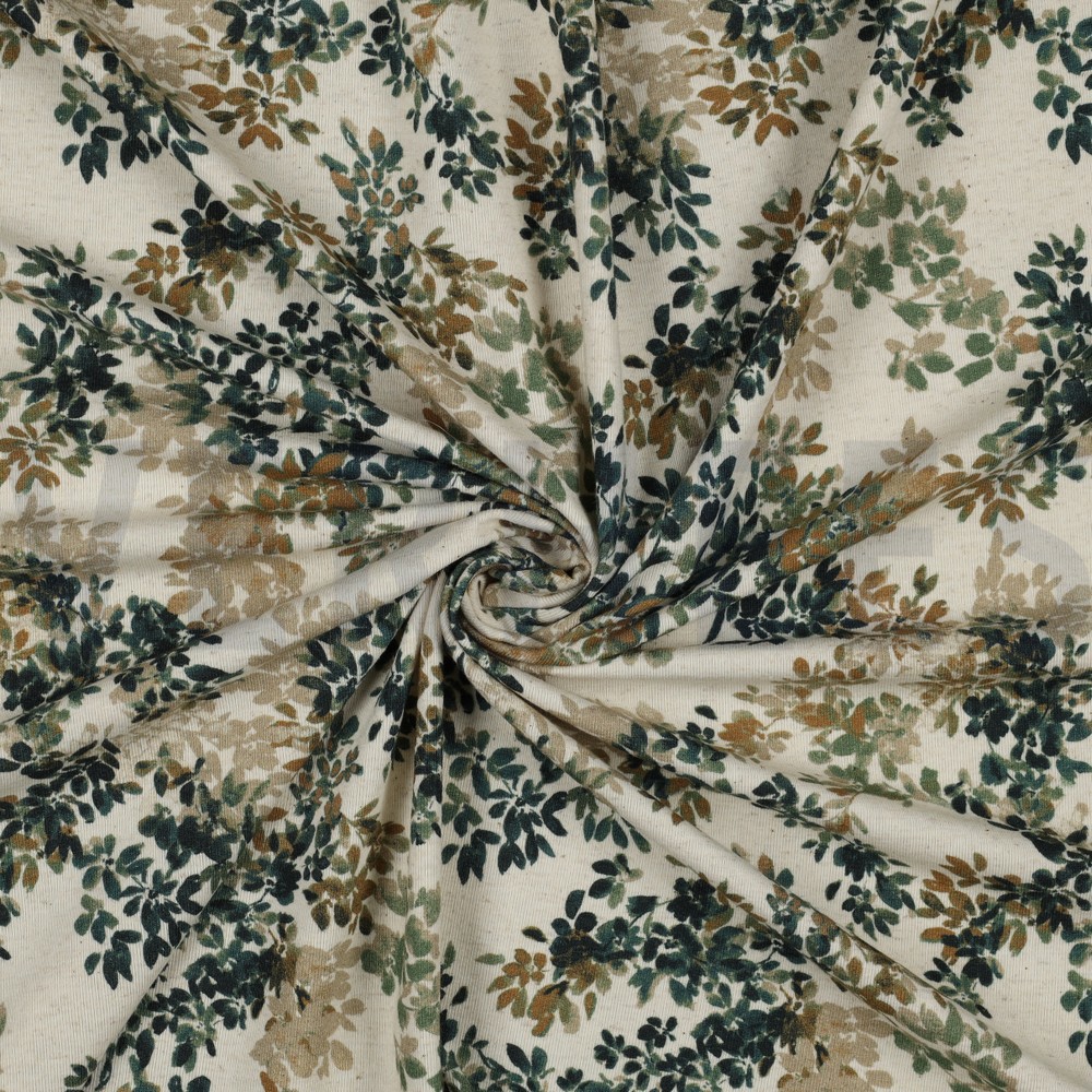 LEINEN JERSEY DIGITAL BLUMEN NATUR/PETROL #7
